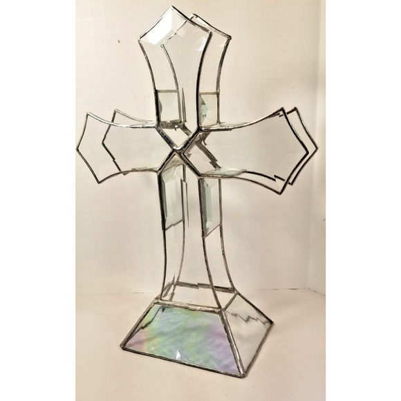 Vintage 3 D Beveled Glass Cross 11" by 8" Suncatcher - Picture 1 of 9